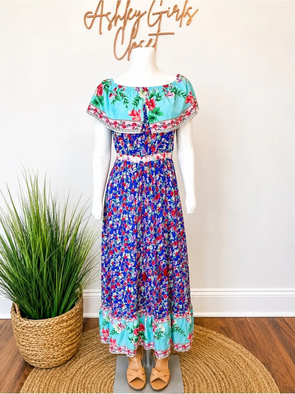ENFACE NWT Blue Floral Off Shoulder Maxi Dress Size 8 - Picture 2 of 6